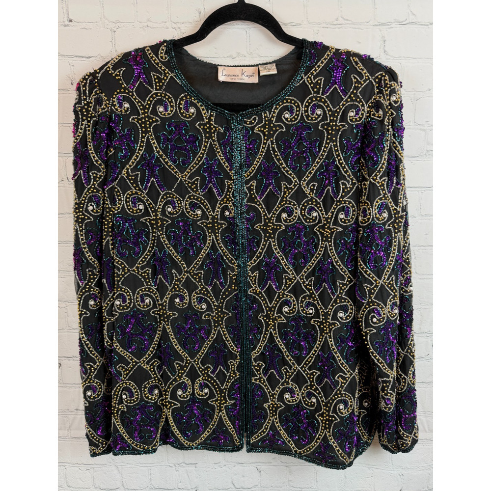 LAURENCE KAZAR vintage black silk multicolor sequins beads pearl blazer XXL